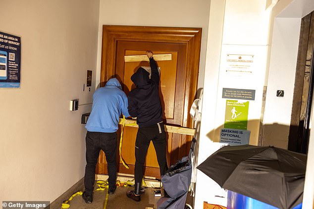 Students used wooden beams to block the doors inside Hamilton Hall.
