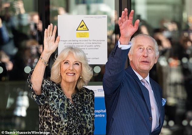 Upon entering the building, Camilla seemed to follow Charles, mirroring his gestures by waving in a synchronized manner.