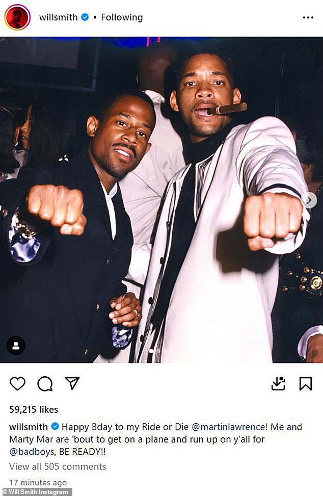 A look at Smith's social media accounts shows that he's using them to promote the fourth film in the Bad Boys franchise, and last week he posted a photo on Instagram showing him with co-star Martin Lawrence.