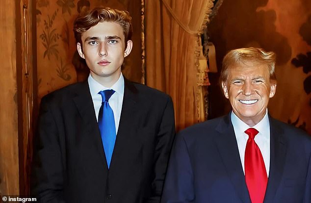 Barron Trump, 18 (left), poses with his father, former President Donald Trump (right), at Mar-a-Lago.