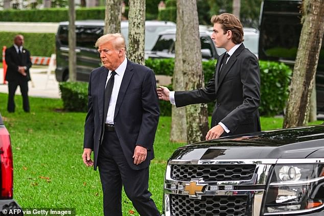 Former President Donald Trump (left) and Barron Trump (right) arrive at the funeral of their grandmother Amalija Knavs in Palm Beach, Florida, in January.