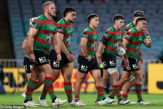 Interim coach Ben Hornby will take over as coach for the remainder of the season (pictured Souths stars during their loss to Cronulla last month)
