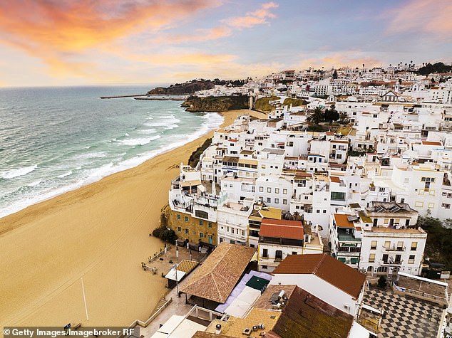Aerial view of the whitewashed architecture of Albufeira, Algarve, Portugal