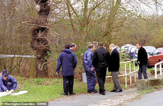 The unidentified baby's body was discovered in a black rubbish bag by a dog walker in woodland (pictured) near the theme park in Warrington, Cheshire, on March 14, 1998. Joanne Sharkey, 54, has been charged with his murder.