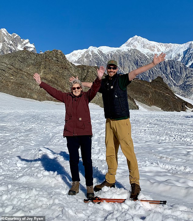 Joy Ryan, 94, from Ohio, began traveling for the first time in her life in 2015 after confessing to her grandson, Brad, that she had never seen a mountain range or done of camping.  Above, photographed together in Alaska's Denali National Park and Preserve.