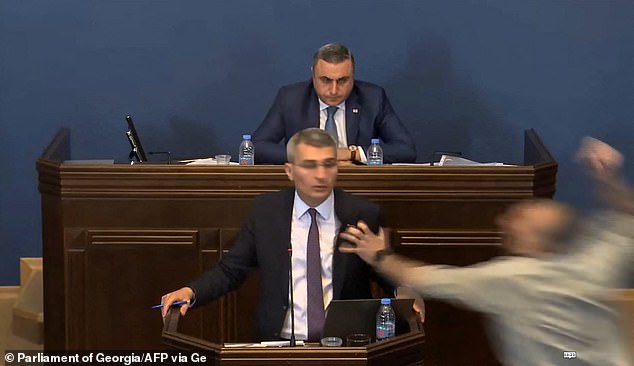 This is the moment a Georgian lawmaker (right) punches a rival politician in the face over the government's reintroduction of a controversial draft law 