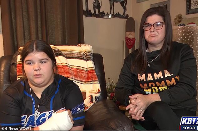 Caldwell Junior High's Caydence Wilson (left) suffered burns in high school, and her mother, Chloe Couch (right), shared her daughter's injuries Sunday morning in a social media post. The couple is seen talking about the ordeal in an interview later that day