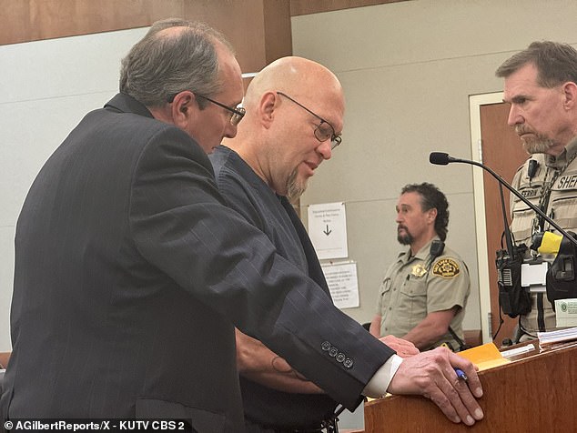 Brian Kenneth Urban, 52, received the sentence in West Jordan District Court in Utah on Friday, two weeks after the adult victim died suddenly.  He is seen here telling a judge that elevated testosterone levels led him to rape the late victim.
