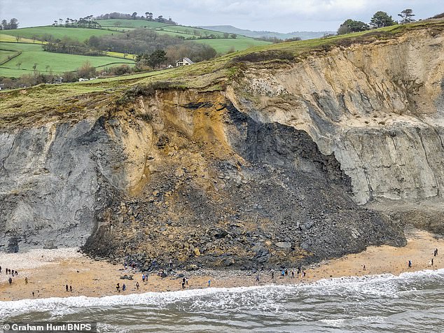 Elizabeth and Ronald Downes were with their two grandchildren, son, daughter, son-in-law and daughter-in-law on Charmouth Beach in Dorset when the cliff suddenly collapsed.  In the photo: The remains of yesterday's landslide.