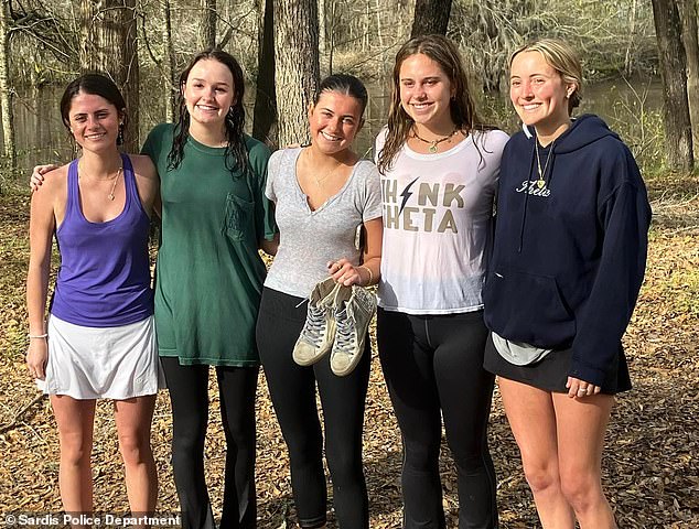 Molly McCollum, Jane McArdle, Eleanor Cart, Clarke Jones and Kaitlyn Lannace (all pictured) jumped into the water to save a mother and her two children after their car fell off a bridge.