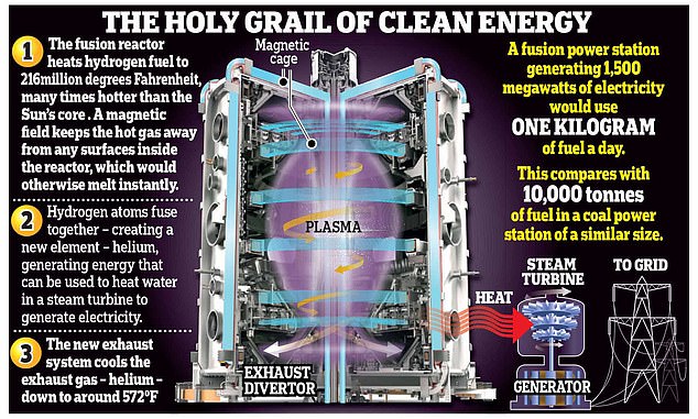 How Nuclear Fusion Works: This graphic shows the inside of a nuclear fusion reactor and explains the process by which energy is produced.  At its heart is the tokamak, a device that uses a powerful magnetic field to confine hydrogen isotopes in a spherical shape, similar to the core of an apple, while they are heated by microwaves into plasma to produce fusion.