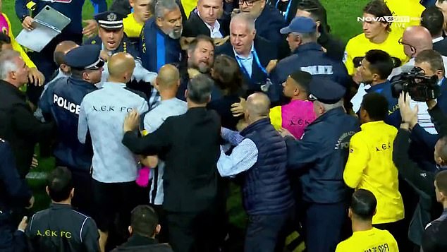 AEK Atenas coach Matías Almeyda was involved in a fight after the intense derby against PAOK