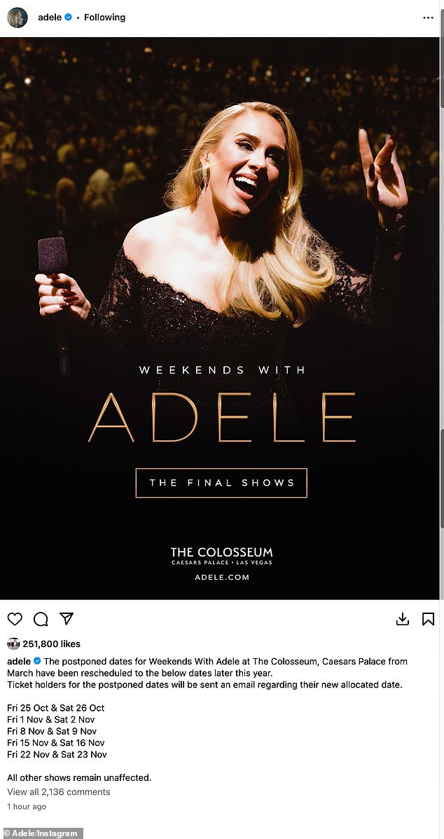 Adele has finally revealed the rescheduled dates for her Las Vegas residency, after angering her fans by postponing the concerts days ahead of schedule.