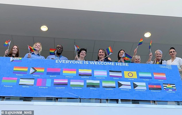 Banner with flags of 21 genders or sexualities appears at Royal Stoke Hospital