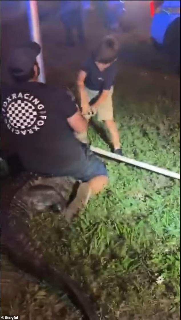 Travis Graves and his nine-year-old son, Travis Graves II, faced off against a nine-foot-long alligator on April 1.