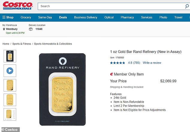 Costco's 1-ounce 24-karat bars cost about $1,950 in September. This week they were around $2,400. Pictured is one of Costco's 1-ounce gold bars listed on their website in December.