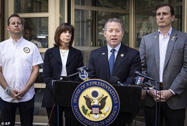 Representatives Josh Gottheimer, Jared Moskowitz, Kathy Manning and Dan Goldman speak at a press conference about recent anti-Semitism directed at Jewish students studying at Columbia University last week.