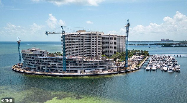A view of the construction of a new seven-story condo building on the north end of Grove Isle in Coconut Grove