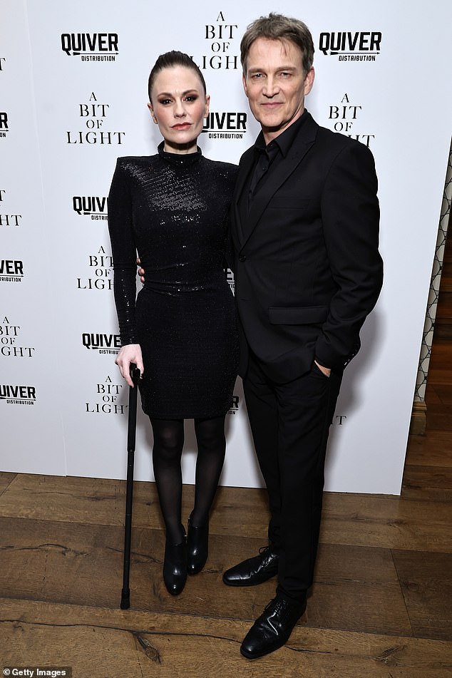 Anna Paquin, 41, was seen using a cane to help her get around at the New York premiere of her new movie A Bit Of Light on Wednesday, where she was accompanied by her husband Stephen Moyer.