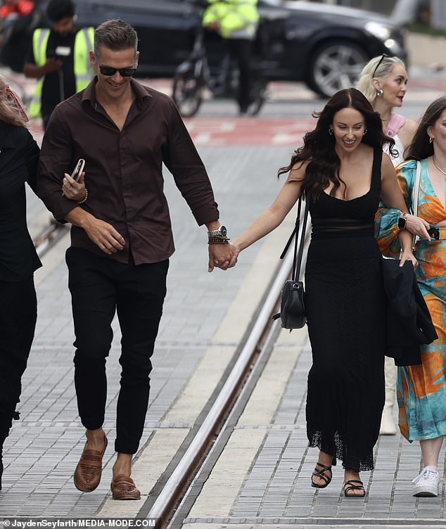 Controversial couple Jono McCullough, 40, and Ellie Dix, 32, led the pack as they exchanged laughs with their co-stars.