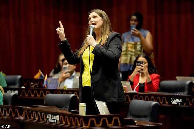 Arizona State Representative Stephanie Stahl Hamilton speaking at the Capitol on April 10.  She introduced HB2677, which would repeal the state's 1864 abortion law.