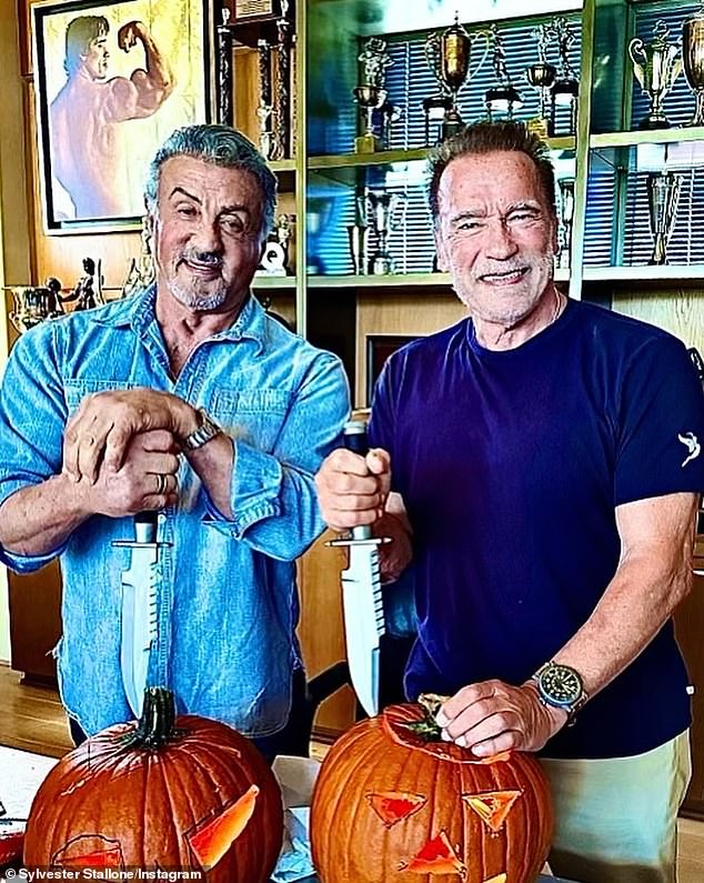 In their heyday in the 1980s and 1990s, action star rivals Sylvester Stallone and Arnold Schwarzengger competed for just about everything, including the best scripts, the best body, the biggest guns, and the most kills per movie ( in the photo from 2022).