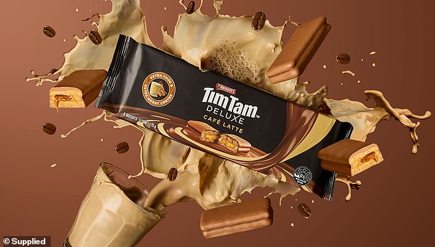 The Tim Tam Deluxe Cafe Latte has arrived in supermarkets.  Inside the classic chocolate coating is a velvety chocolate cream and a sticky caramel sandwiched between two crunchy cookies.