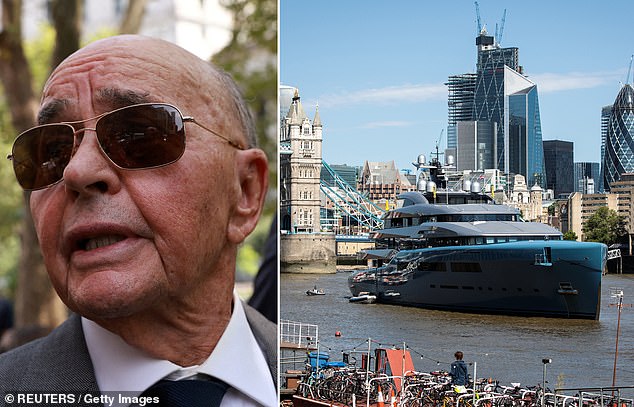 Yacht property: Billionaire Joe Lewis and the £200 million Aviva - which boasts a huge art collection - moored on the Thames in central London