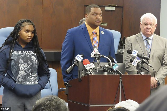 Mayor Marty Smalls Sr. speaks at a news conference Monday to address the search of his home and cars as his daughter Jada Smalls and her attorney, Edwin Jacbos (pictured right), stand next to him.