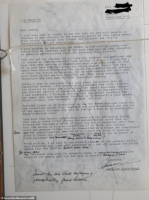 On the back of the framed sketch was a letter from a woman complaining about the sentence handed down to Kathleen Lister.  Lister was convicted of being an accessory to murder after her husband killed her two young children in 1994.