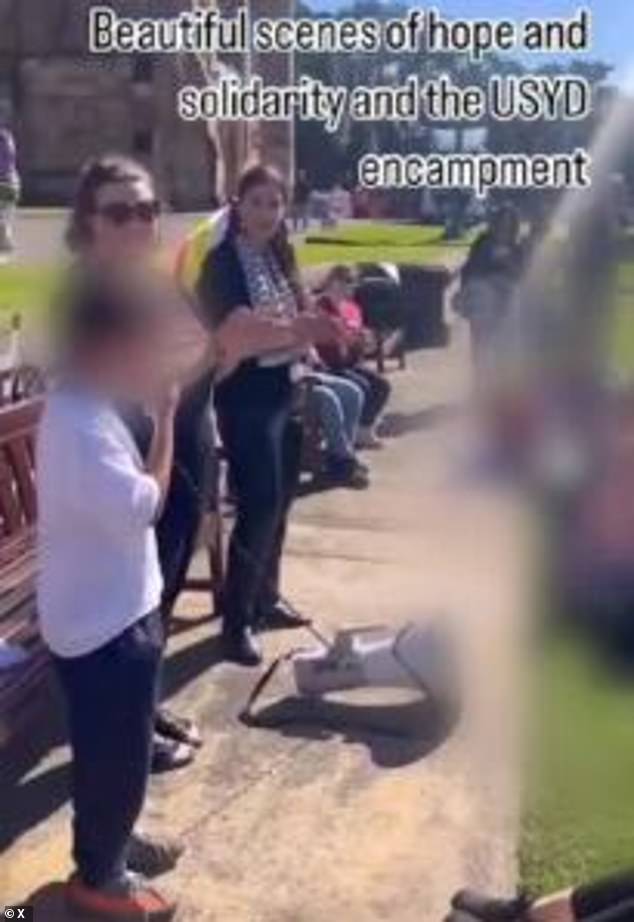 Footage posted online showing children chanting pro-Palestine slogans at a protest (pictured) at the University of Sydney has sparked outrage.
