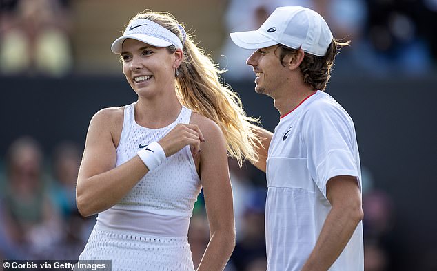 Tennis power couple Alex de Minaur and Katie Boulter have revealed how they kept their budding romance a secret in the early stages (pictured at Wimbledon last year).