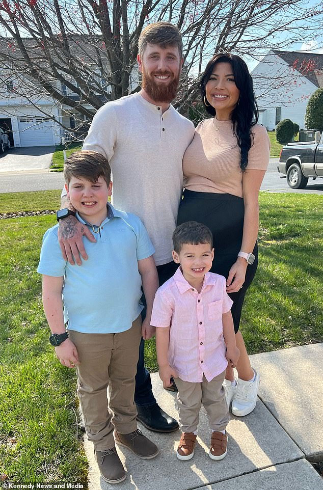 Nicole already has a three-year-old son and nine-year-old stepson and says this was her last chance to have a girl (pictured with her family and fiancé Ryan).
