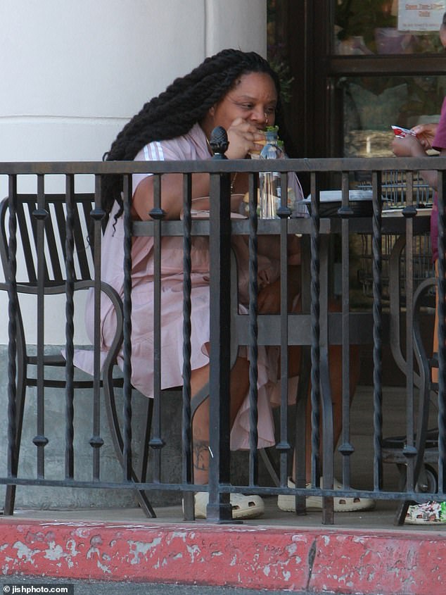 BLM co-founder Patrisse Cullors was seen eating her lunch during a shopping trip in Calabasas last week.