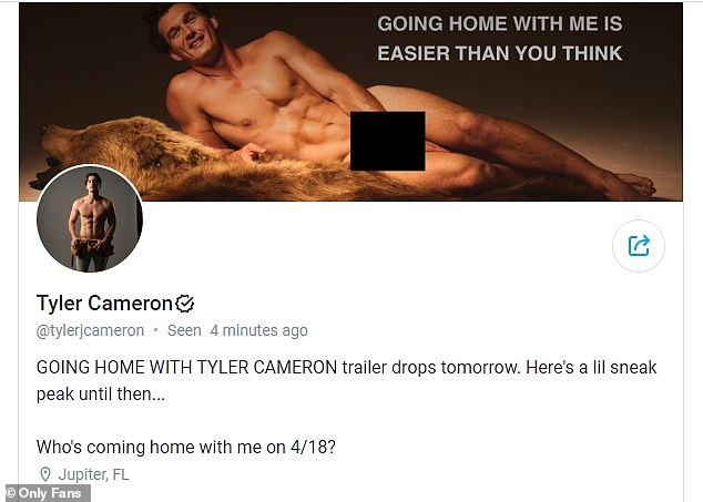 An image on Tyler's OnlyFans page shows him reclining completely naked on a bearskin rug.