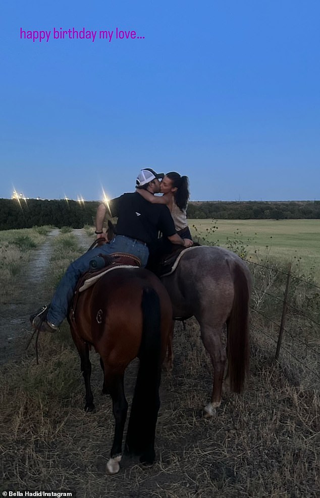 Bella Hadid had no qualms about showing her affection in a birthday post to her boyfriend Adán Bañuelos, 35 years old.  'Happy birthday my love...' the 27-year-old model wrote in a photo of the couple kissing while enjoying a romantic sunset on horseback.  drive