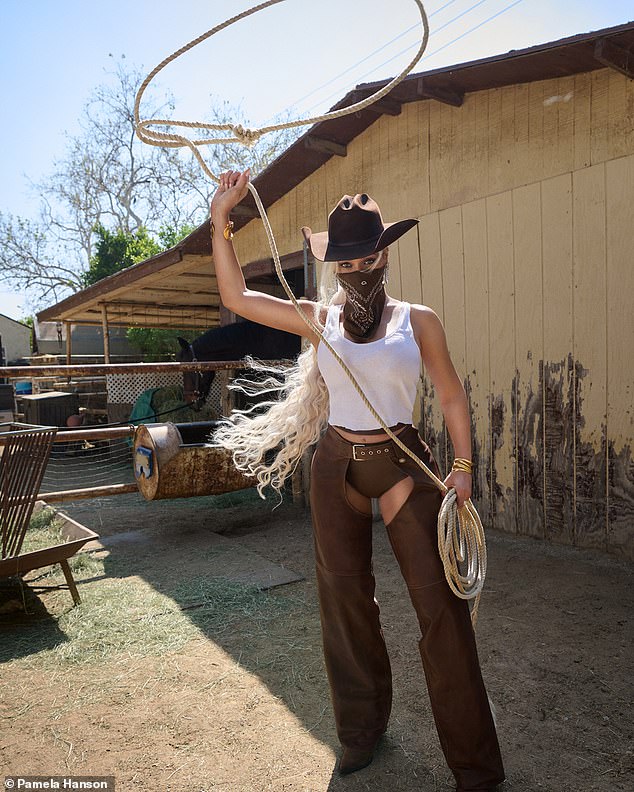 Beyoncé continued to lean into her Texas roots in her latest photo shoot for W magazine as she modeled suede shoes and a cowboy hat while swinging a lasso.
