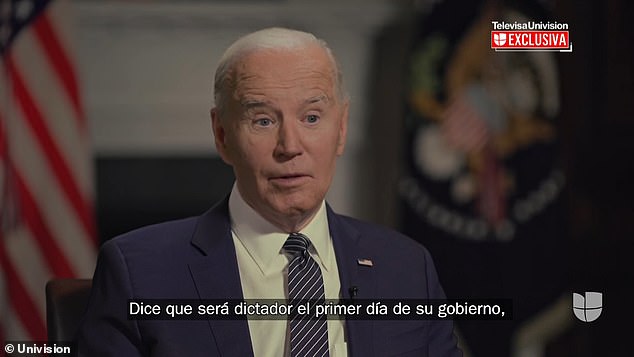 Que sera sera: President Biden criticized Donald Trump for saying he would be a dictator 'for a day' in comments on Univision.  The interview with the Spanish-language network comes as his lead over Trump among Hispanic voters is declining.
