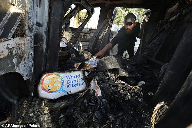 Palestinians inspect a vehicle with the World Central Kitchen logo destroyed by an Israeli airstrike in the Gaza Strip