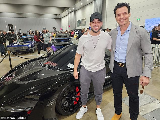 drian 'Mr Lambo' Portelli was interacting with a big name on Saturday.  The billionaire Block bidder, 35, became fast friends with General Hospital star Antonio Sabàto Jr. at the Compello Versus: All In car exhibition in Melbourne.  In the photo