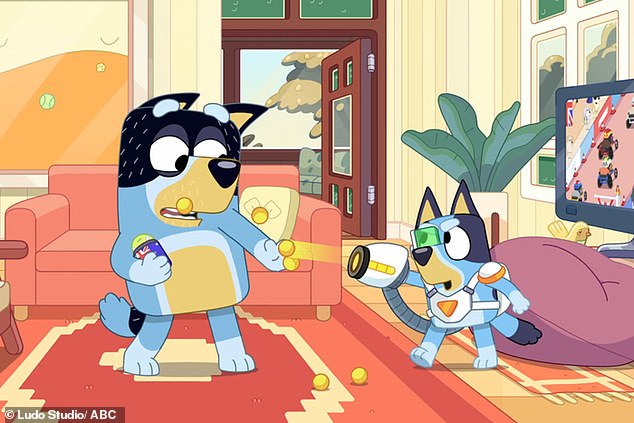 The Surprise saw Bandit trying to play different games with his children, while Bluey continued to surprise him with a ball launcher (above), while Bingo wanted him to take care of her imaginary babies.