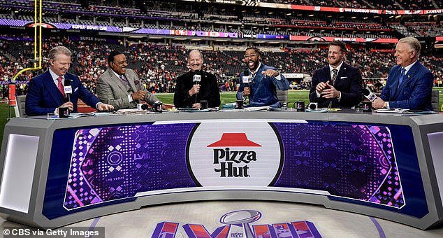 (From left) Simms, Brown, Cowher, Burleson, Watt and Esiason are seen at Super Bowl LVIII