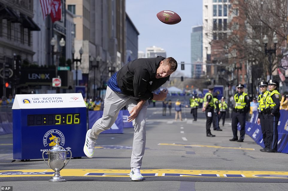 Waiting at the end of the world's oldest and most prestigious annual marathon was former NFL tight end Rob Gronkowski.