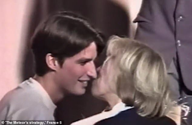 The images capture the moment 15-year-old Emmanuel Macron (left) kissed his teacher Brigitte Trogneux (right), 40, in 1993, two years before he declared he wanted to marry her.