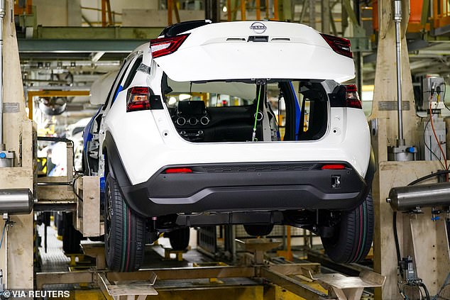 Production boost: new cars on the production line at Nissan's Sunderland plant.  S&P Global said its index of UK factory activity rose to 50.3 in March from 47.5 in February