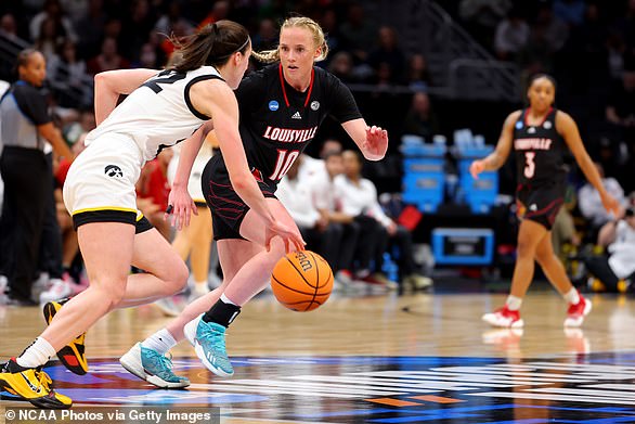 Caitlin Clark is seen defended by then-Louisville guard Hailey Van Lith in 2023.