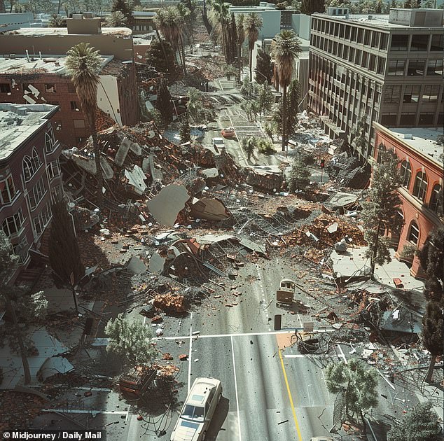 Scientists have long been monitoring the San Andreas fault line that is predicted for the 'Big One.'  The photo shows what Los Angeles would look like if a magnitude 6 earthquake occurred