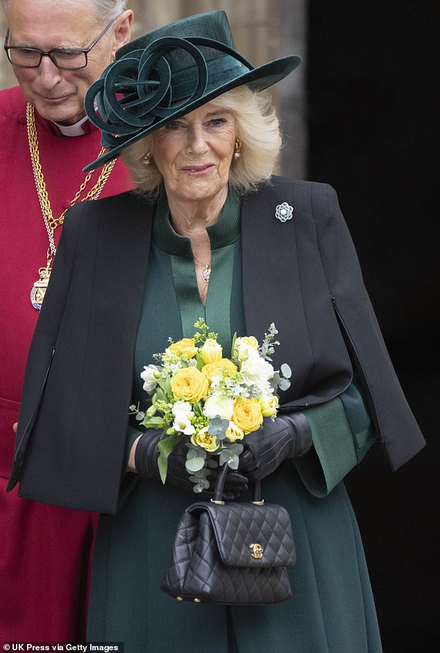 Camilla arrived at Windsor Castle wearing the brooch pinned to her black cape, which was elegantly draped over her shoulders.