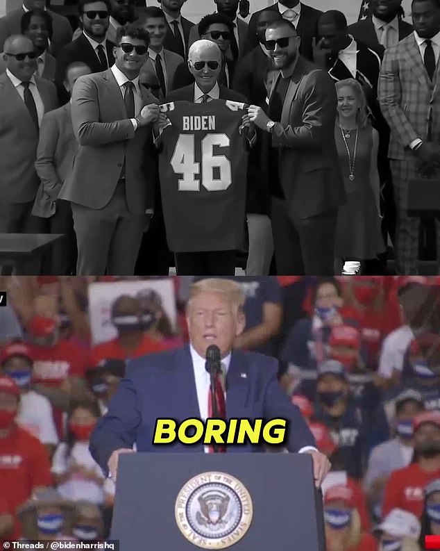 The Biden Harris campaign post contrasts the view of Trump attacking the NFL with images of the president meeting with the Super Bowl champion Kansas Chiefs (pictured).