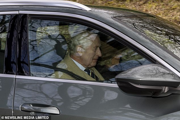 Cancer-stricken King Charles smiled this morning as Queen Camilla waved friendly to well-wishers as they headed to the Sunday service at Crathie Kirk.